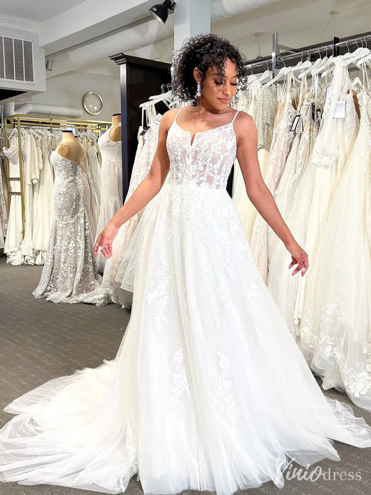 Floral Lace Wedding Dress with Sheer Bodice, Spaghetti Straps, Pockets, Chapel Train – VW2593-wedding dresses 2025 -Viniodress-White-Custom Size-