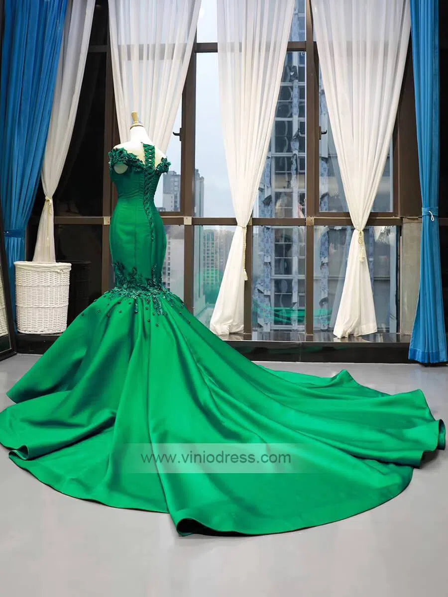 Floral Mermaid Prom Dresses Emerald Green Pageant Dress FD1180 viniodress-prom dresses-Viniodress-Viniodress