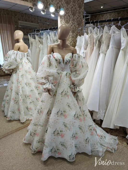 Floral Off Shoulder Wedding Dress with Puffy Sleeves, Sweetheart Neck, Corset Back – VW2580-wedding dresses 2025 -Viniodress-Ivory-Custom Size-