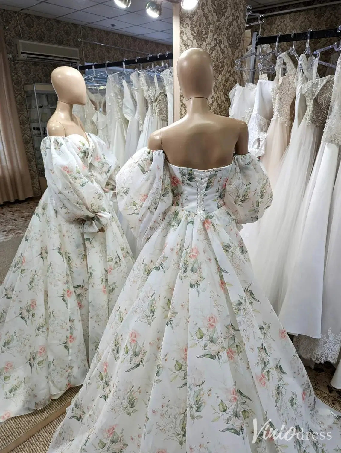 Floral Off Shoulder Wedding Dress with Puffy Sleeves, Sweetheart Neck, Corset Back – VW2580-wedding dresses 2025 -Viniodress-Ivory-Custom Size-