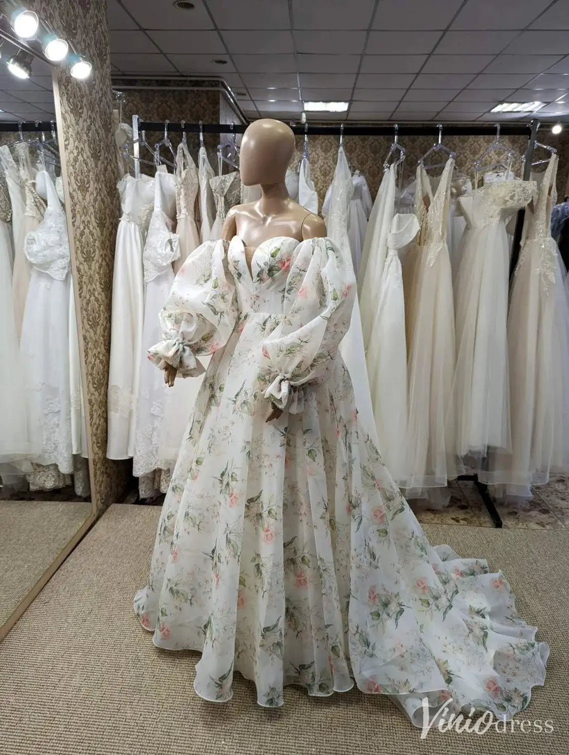 Floral Off Shoulder Wedding Dress with Puffy Sleeves, Sweetheart Neck, Corset Back – VW2580-wedding dresses 2025 -Viniodress-Ivory-Custom Size-