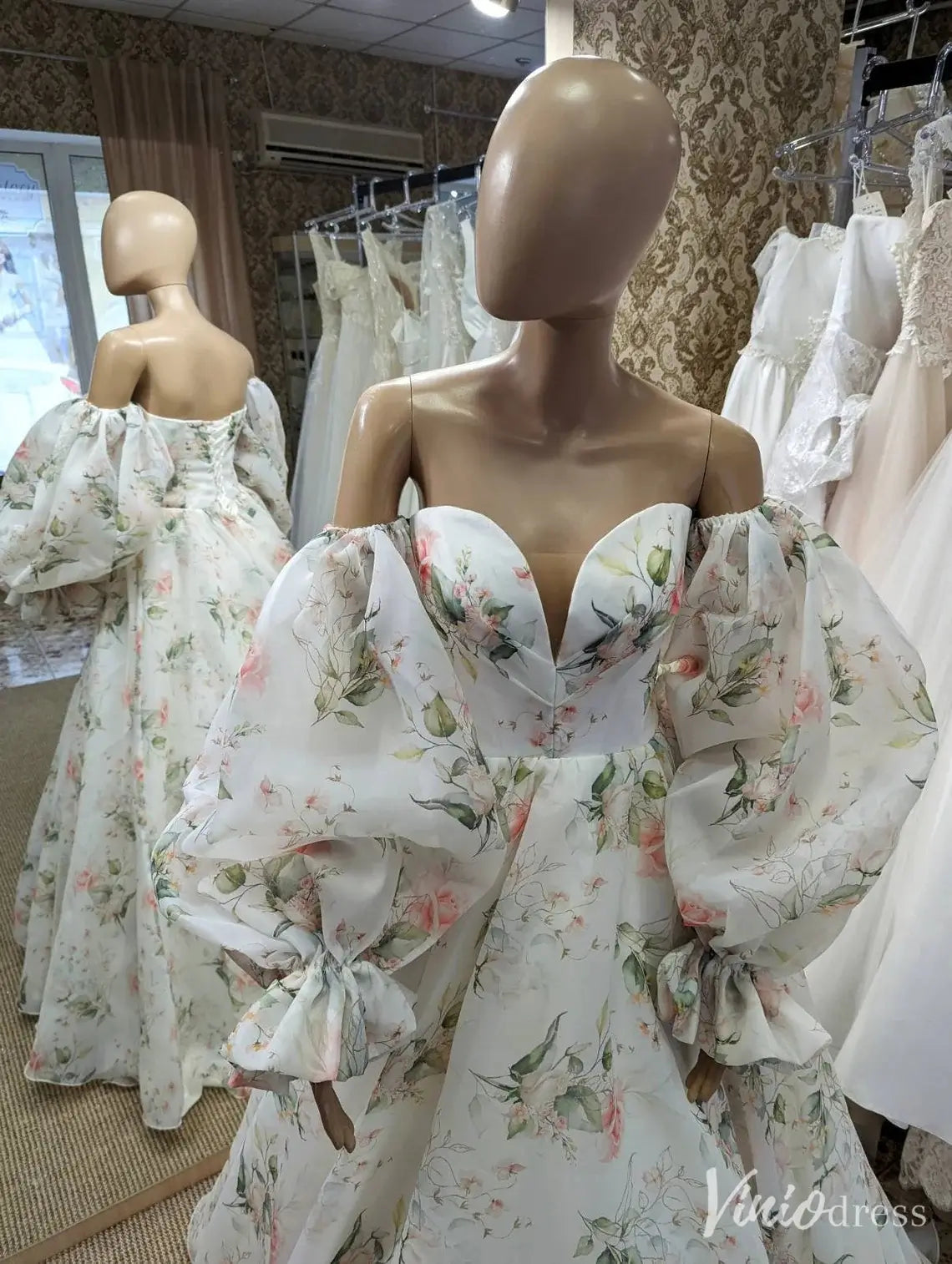 Floral Off Shoulder Wedding Dress with Puffy Sleeves, Sweetheart Neck, Corset Back – VW2580-wedding dresses 2025 -Viniodress-Ivory-Custom Size-