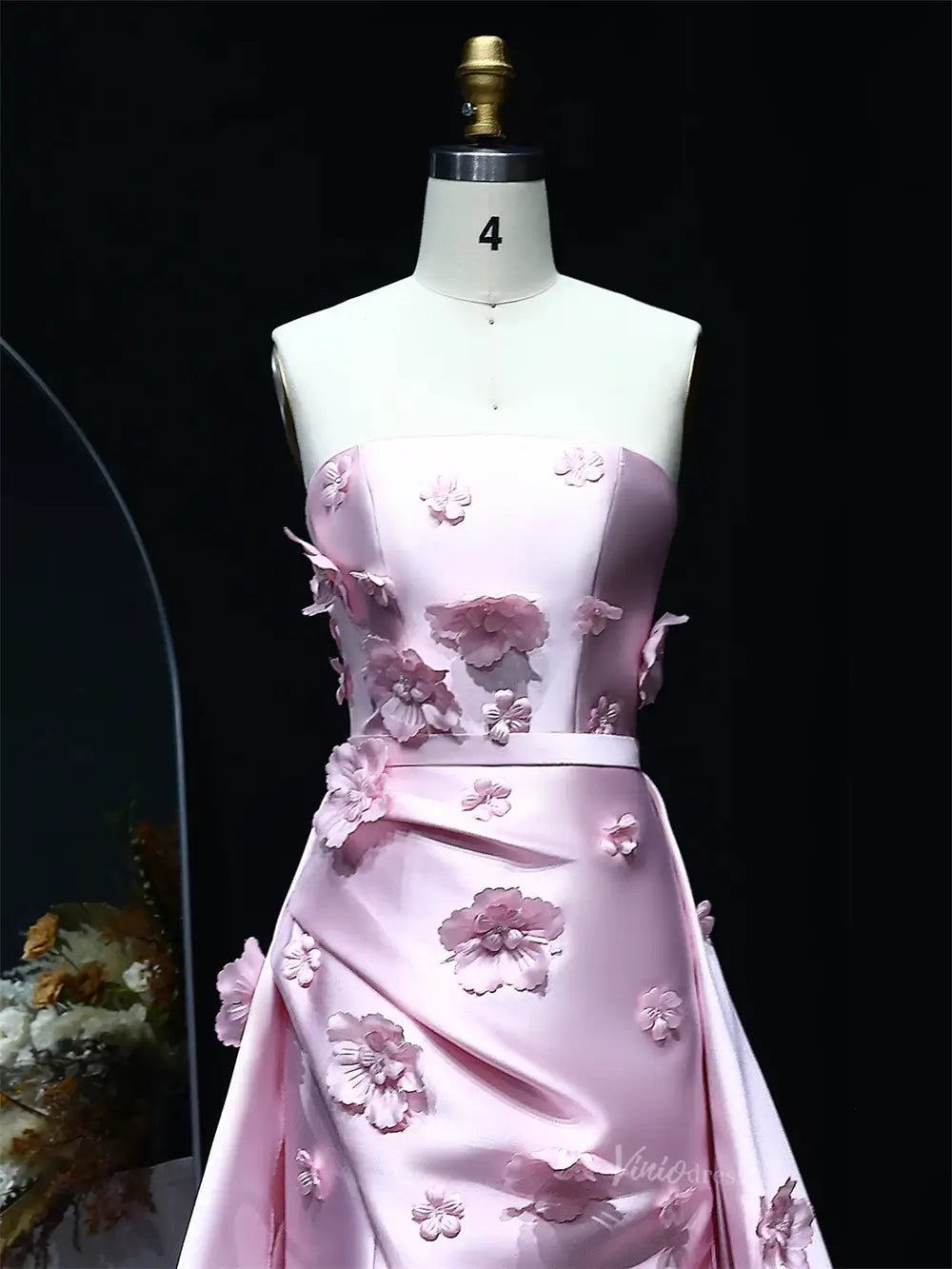 Floral Pink Mermaid Prom Dresses Overskirt Satin Wedding Dresses, Corset Back, Strapless BD060-prom dresses 2025 -Viniodress-Pink-US 2-