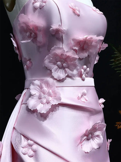 Floral Pink Mermaid Prom Dresses Overskirt Satin Wedding Dresses, Corset Back, Strapless BD060-prom dresses 2025 -Viniodress-Pink-US 2-