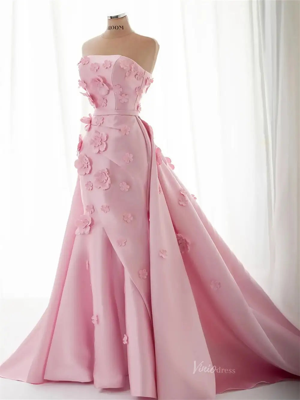 prom dresses 2025 Floral Pink Mermaid Prom Dresses Overskirt Satin Wedding Dresses, Corset Back, Strapless BD060-plus size wedding dresses Viniodress-Pink-US 2-