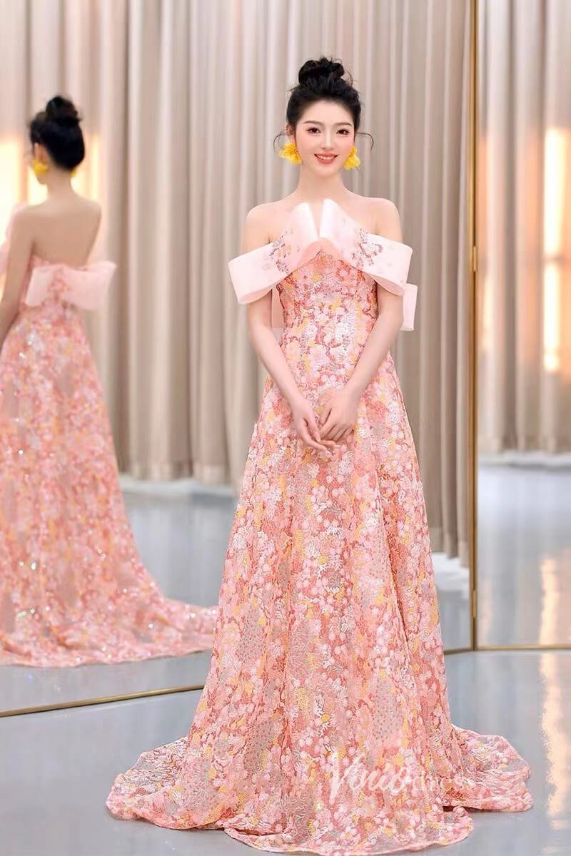 Floral Pink Wedding Dress Off the Shoulder Sparkly Sequin Prom Dresses 90001-prom dresses 2025 -Viniodress-Pink-Custom Size-