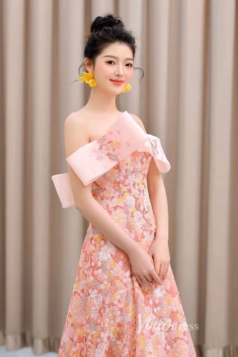 Floral Pink Wedding Dress Off the Shoulder Sparkly Sequin Prom Dresses 90001-prom dresses 2025 -Viniodress-Pink-Custom Size-