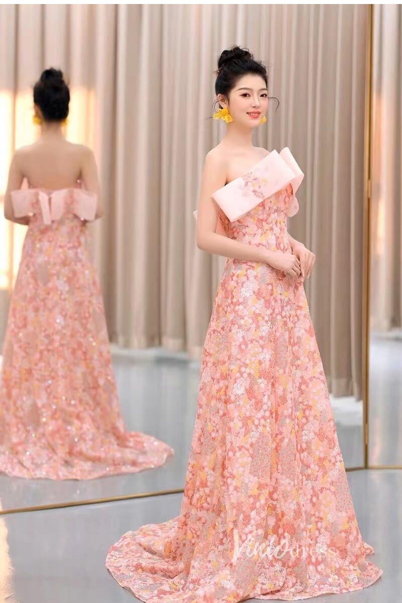 Floral Pink Wedding Dress Off the Shoulder Sparkly Sequin Prom Dresses 90001-prom dresses 2025 -Viniodress-Pink-Custom Size-