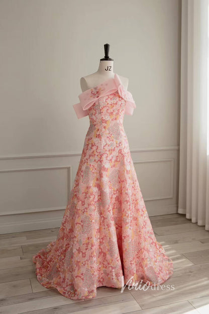 Floral Pink Wedding Dress Off the Shoulder Sparkly Sequin Prom Dresses 90001-prom dresses 2025 -Viniodress-Pink-Custom Size-