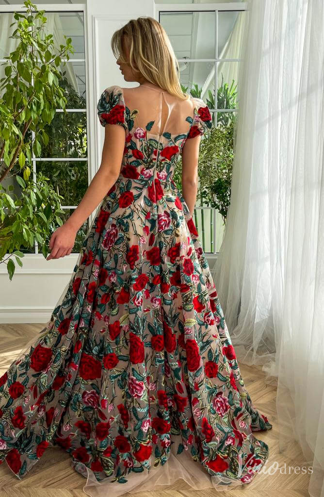 Floral Print Prom Dresses with Pockets Puffed Sleeve Rosette Formal Gown TO012-prom dresses-Viniodress-Viniodress