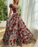 Floral Print Prom Dresses with Pockets Puffed Sleeve Rosette Formal Gown TO012