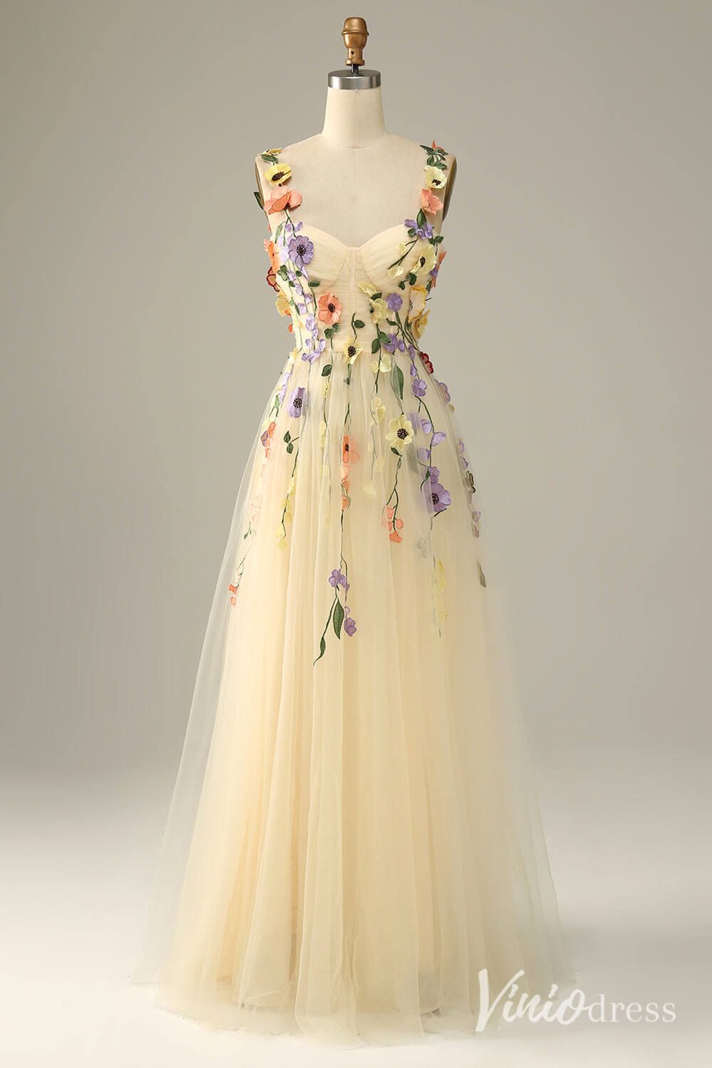 Prom Dress 2025 Champagne Floral Spaghetti Strap Prom Dresses Lace Applique Formal Gown AD1100-unique prom dresses-Champagne-Custom Size-Viniodress