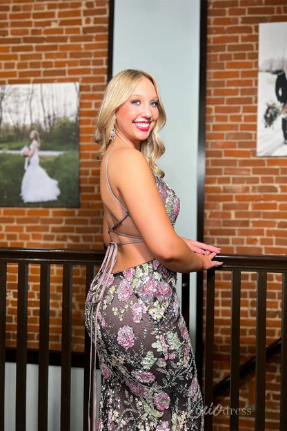 Floral Sequin Lace Mermaid Backless Prom Dress with Spaghetti Straps, V-Neckline, and Slit – SS115-prom dresses 2025 -Viniodress-Floral-Custom Size-