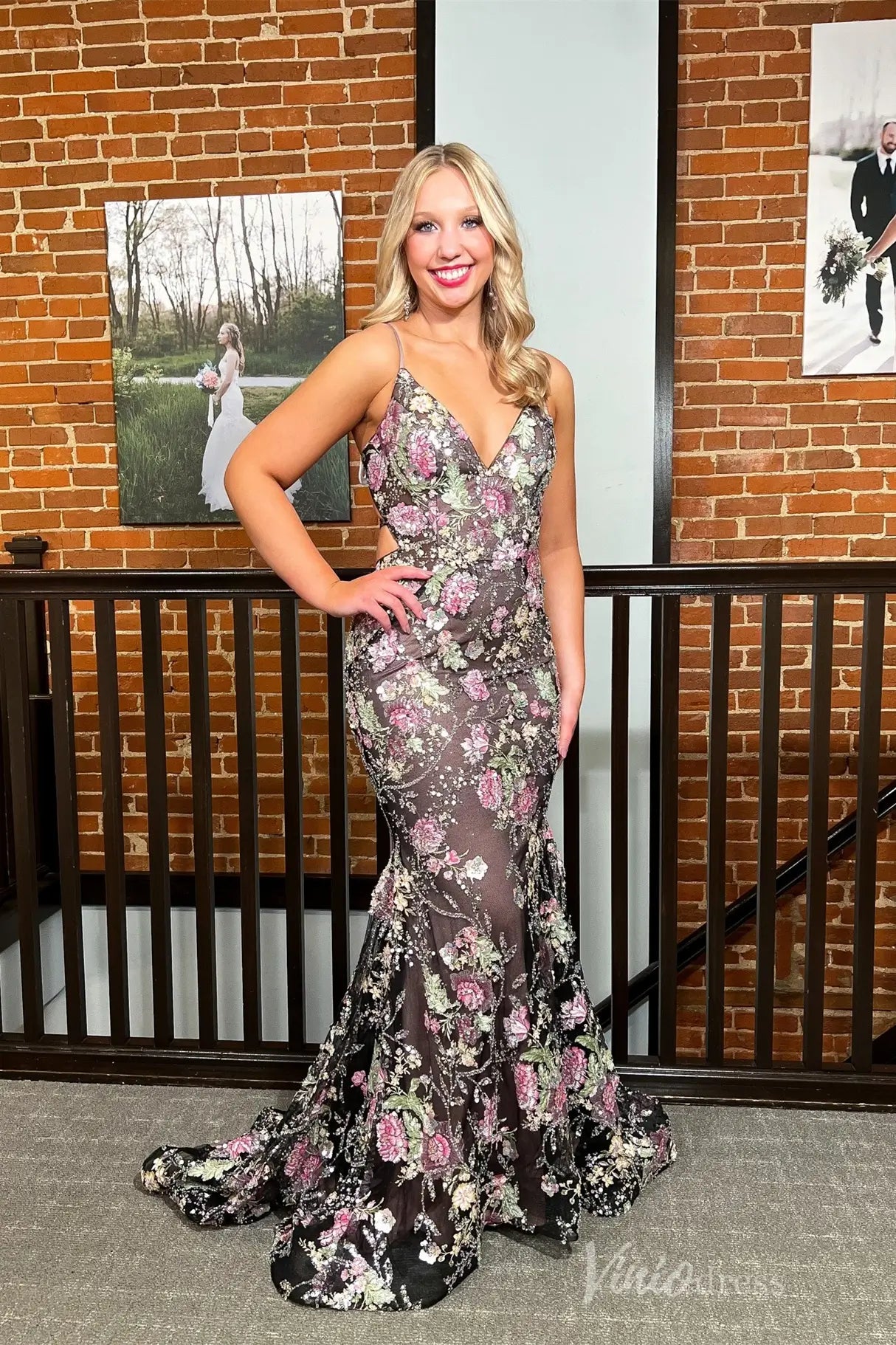 Floral Sequin Lace Mermaid Backless Prom Dress with Spaghetti Straps, V-Neckline, and Slit – SS115-prom dresses 2025 -Viniodress-Floral-Custom Size-