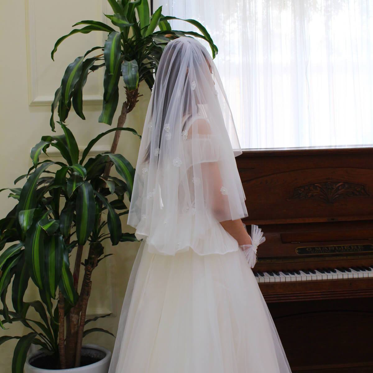 Floral Short Blusher Veils V692-Bridal Veil 2025 -Viniodress-Ivory-