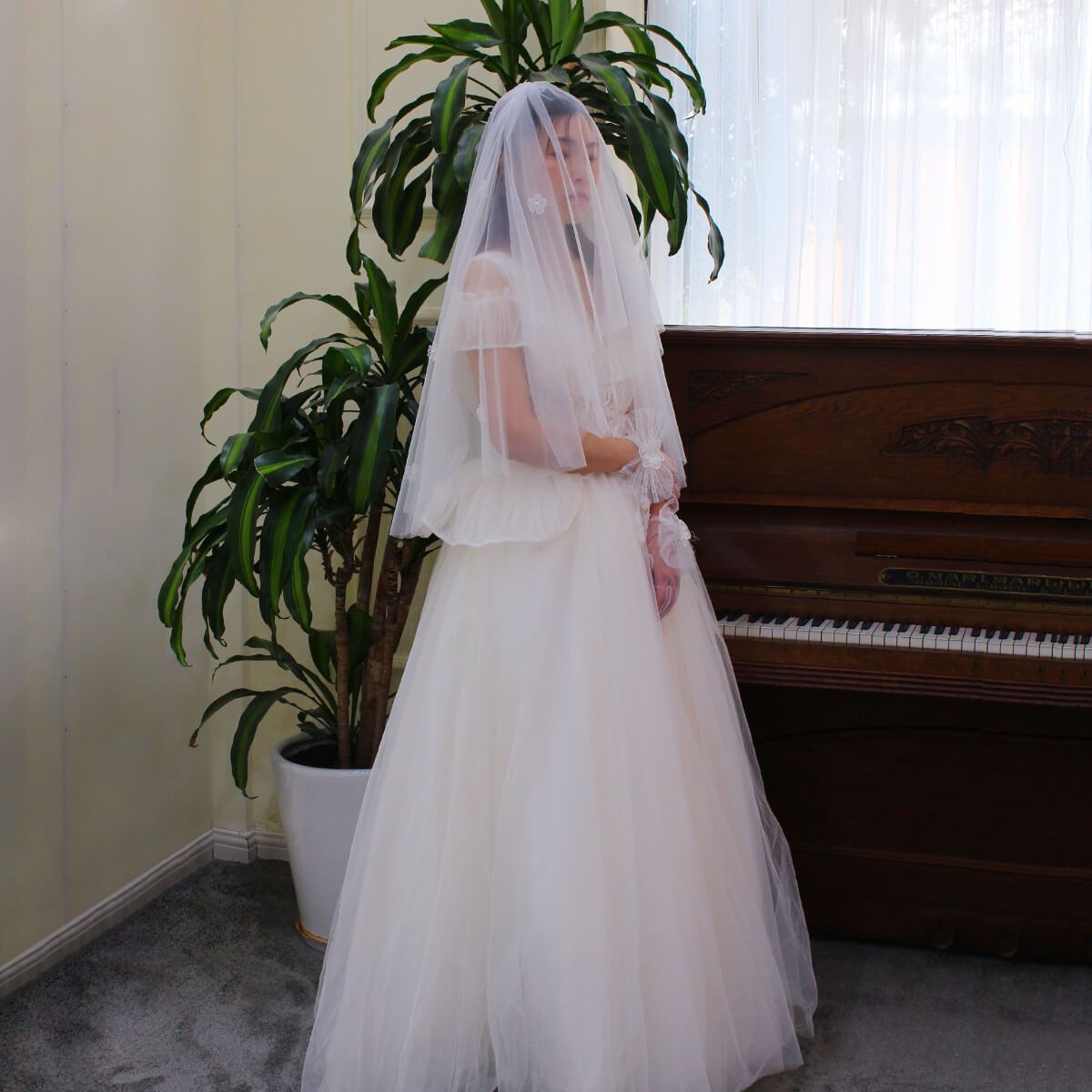 Floral Short Blusher Veils V692-Bridal Veil 2025 -Viniodress-Ivory-