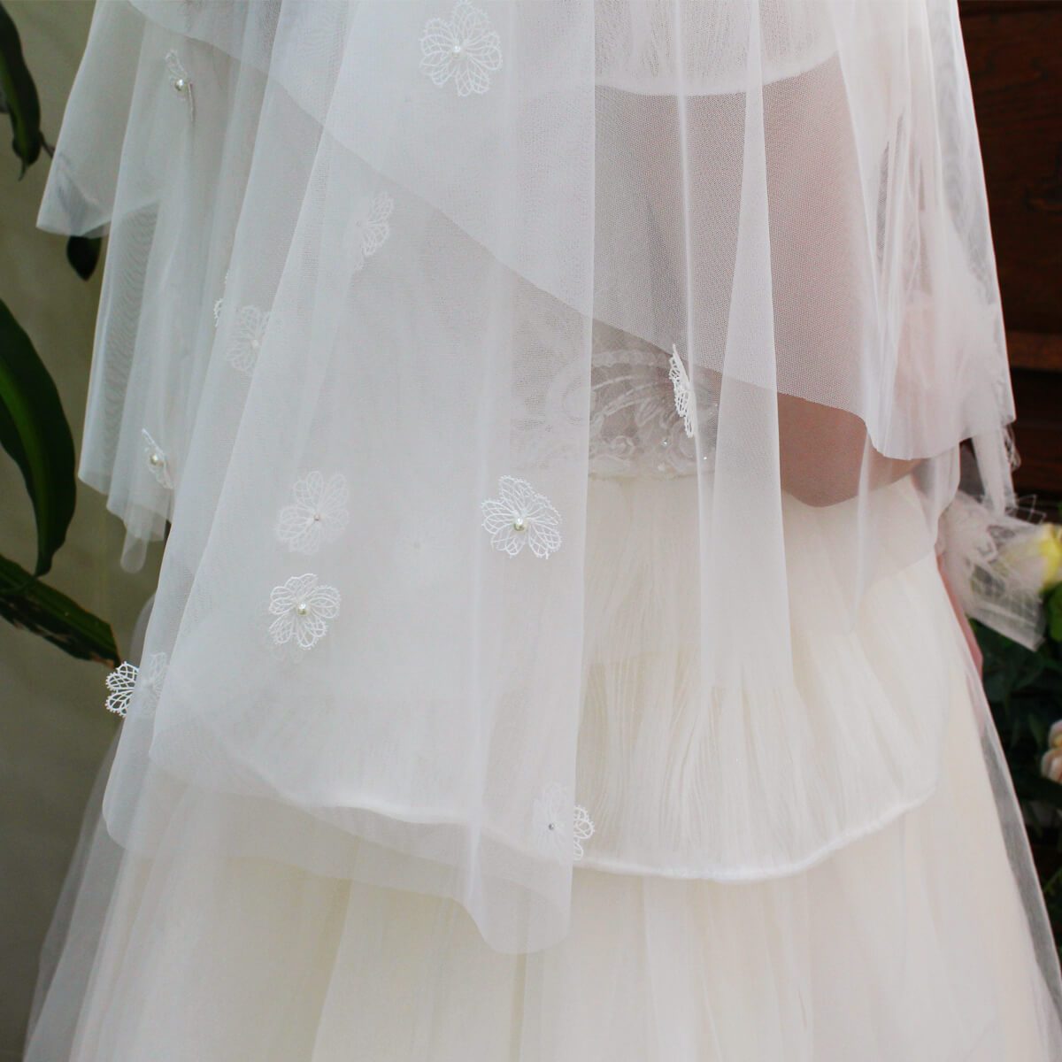Floral Short Blusher Veils V692-Bridal Veil 2025 -Viniodress-Ivory-