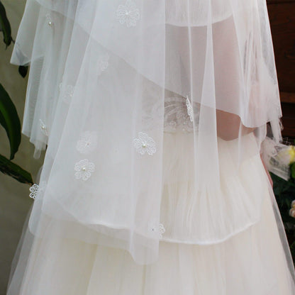 Floral Short Blusher Veils V692-Bridal Veil 2025 -Viniodress-Ivory-