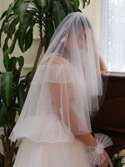 Floral Short Blusher Veils V692-Bridal Veil 2025 -Viniodress-Ivory-