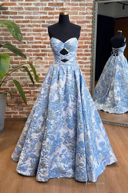 Pink Floral Strapless Jacquard Prom Dress with Cutout Bodice & High Slit – JC017-prom dresses 2026-Viniodress-Pink-Custom Size-