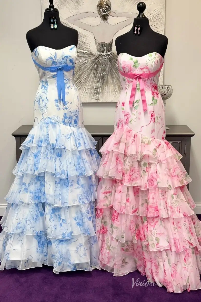 Floral Strapless Mermaid Prom Dress with Chiffon Waist Bow & Tiered Ruffles RF057-prom dresses 2026-Viniodress-Light Blue-Custom Size-