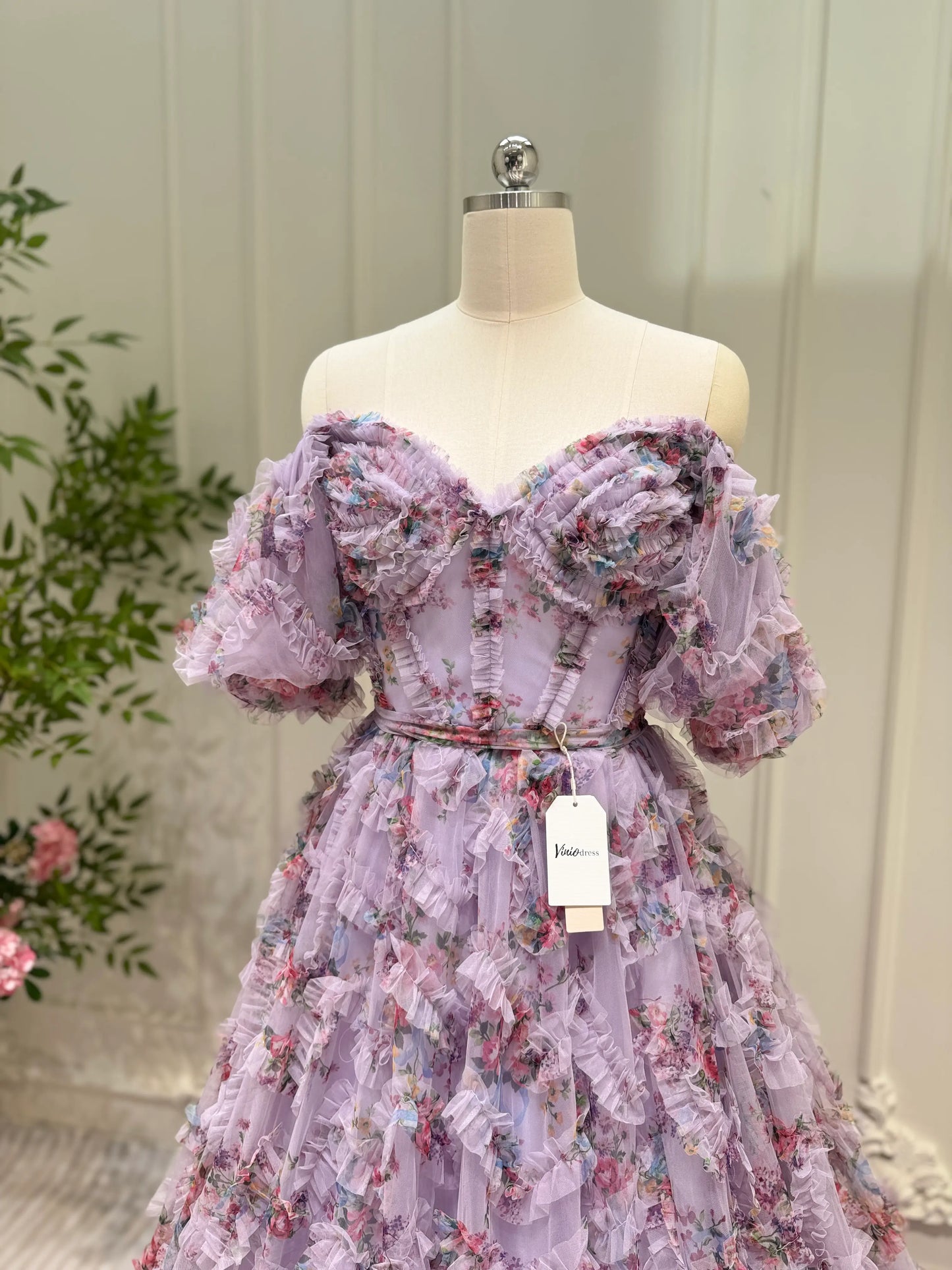 Floral Tulle Ruffled Prom Dresses 2025 Off the Shoulder Puffed Sleeve Formal Gown - FD5300-prom dresses 2025 -Viniodress-Ivory-Custom Size-