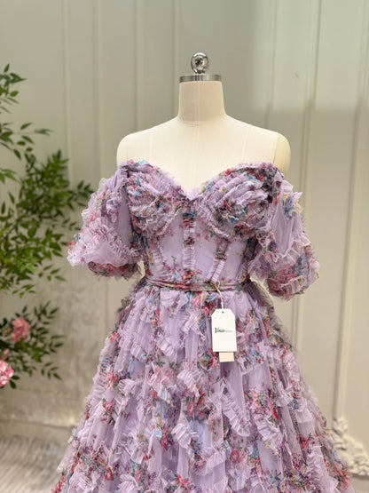 Floral Tulle Ruffled Prom Dresses 2025 Off the Shoulder Puffed Sleeve Formal Gown - FD5300-prom dresses 2025 -Viniodress-Ivory-Custom Size-