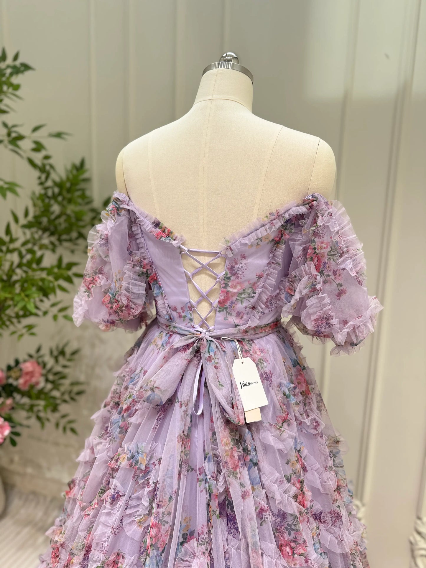 Floral Tulle Ruffled Prom Dresses 2025 Off the Shoulder Puffed Sleeve Formal Gown - FD5300-prom dresses 2025 -Viniodress-Ivory-Custom Size-