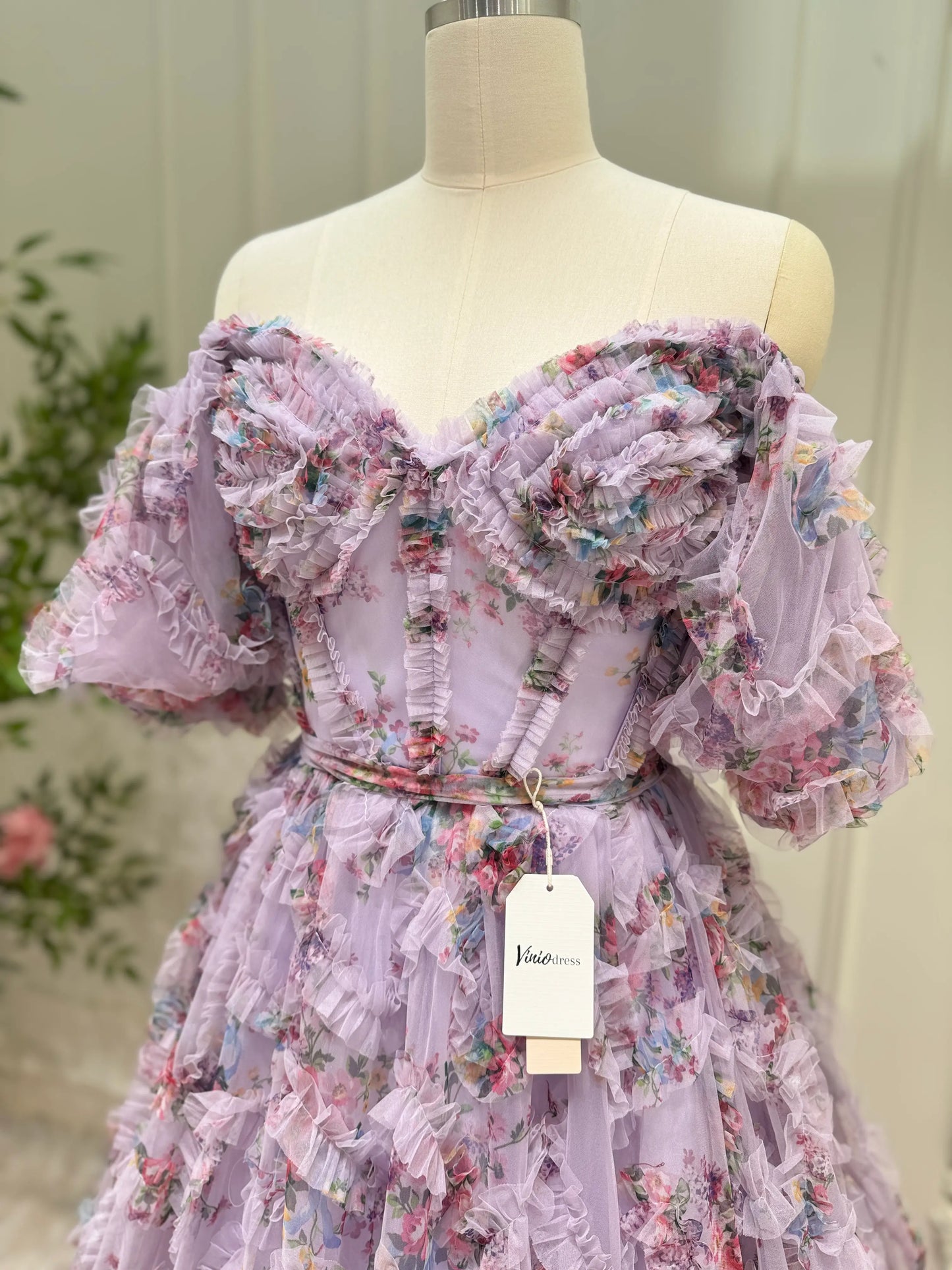 Floral Tulle Ruffled Prom Dresses 2025 Off the Shoulder Puffed Sleeve Formal Gown - FD5300-prom dresses 2025 -Viniodress-Ivory-Custom Size-