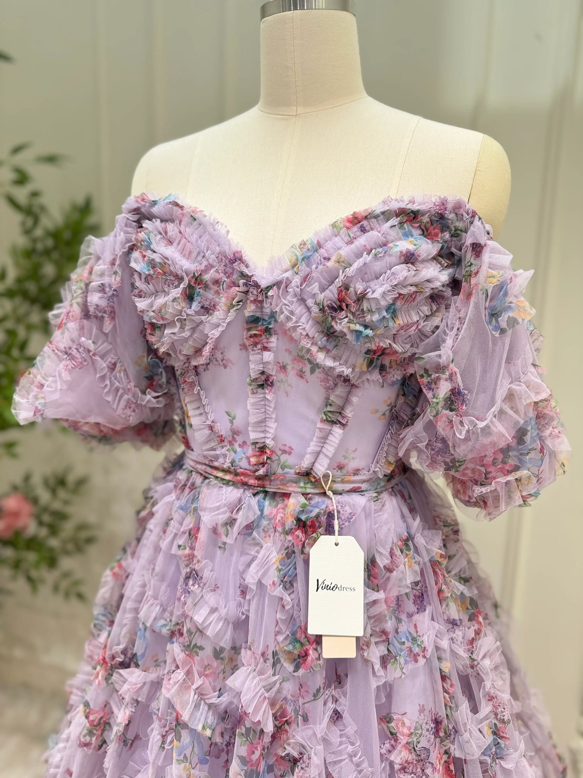 Floral Tulle Ruffled Prom Dresses 2025 Off the Shoulder Puffed Sleeve Formal Gown - FD5300-prom dresses 2025 -Viniodress-Ivory-Custom Size-