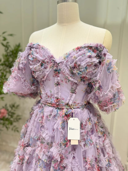 Floral Tulle Ruffled Prom Dresses 2025 Off the Shoulder Puffed Sleeve Formal Gown - FD5300-prom dresses 2025 -Viniodress-Ivory-Custom Size-