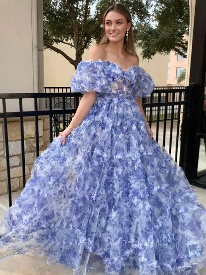 Floral Tulle Ruffled Prom Dresses 2025 Off the Shoulder Puffed Sleeve Formal Gown - FD5300-prom dresses 2025 -Viniodress-Ivory-Custom Size-