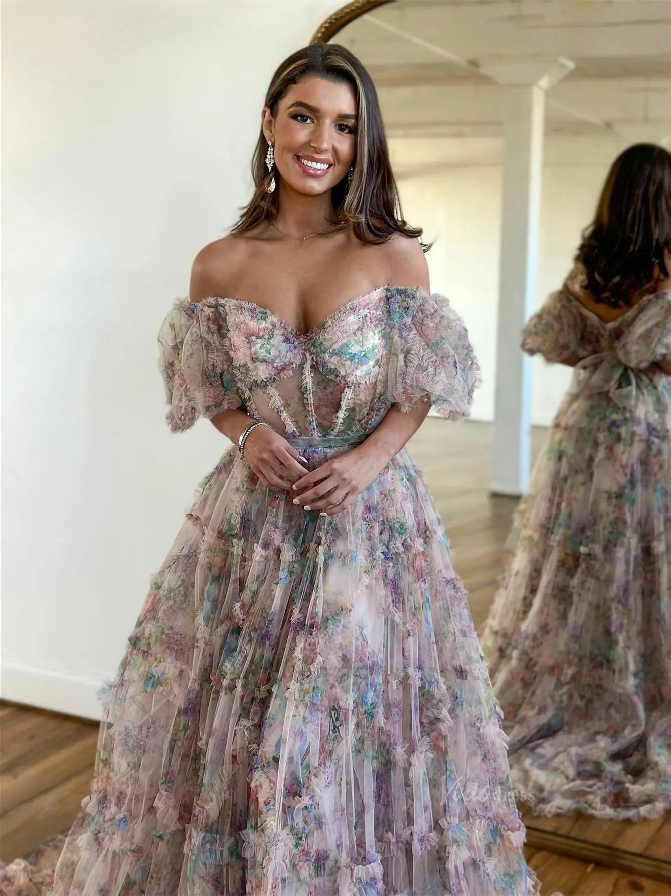 Floral Tulle Ruffled Prom Dresses 2025 Off the Shoulder Puffed Sleeve Formal Gown - FD5300-prom dresses 2025 -Viniodress-Ivory-Custom Size-