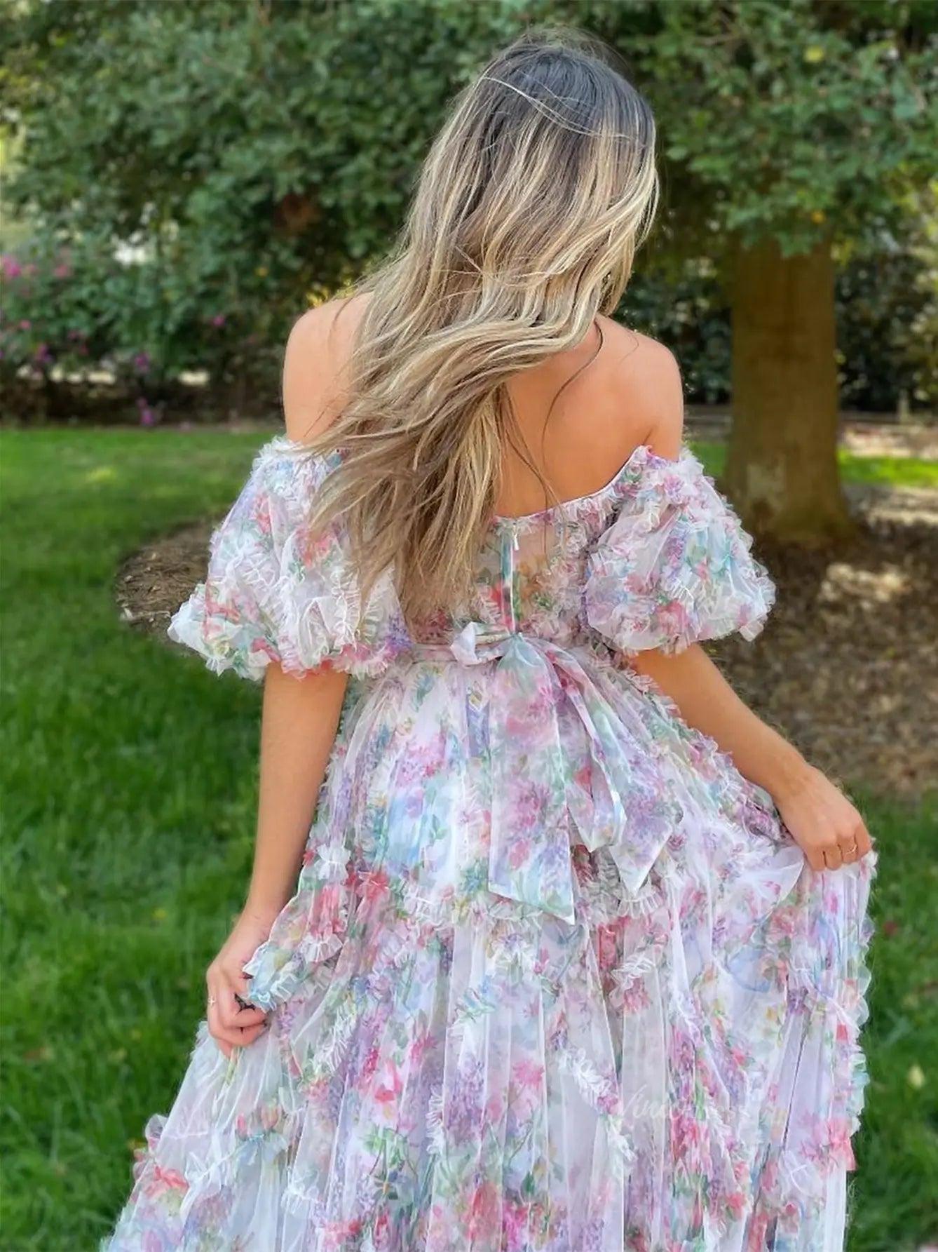 Floral Tulle Ruffled Prom Dresses 2025 Off the Shoulder Puffed Sleeve Formal Gown - FD5300-prom dresses 2025 -Viniodress-Ivory-Custom Size-