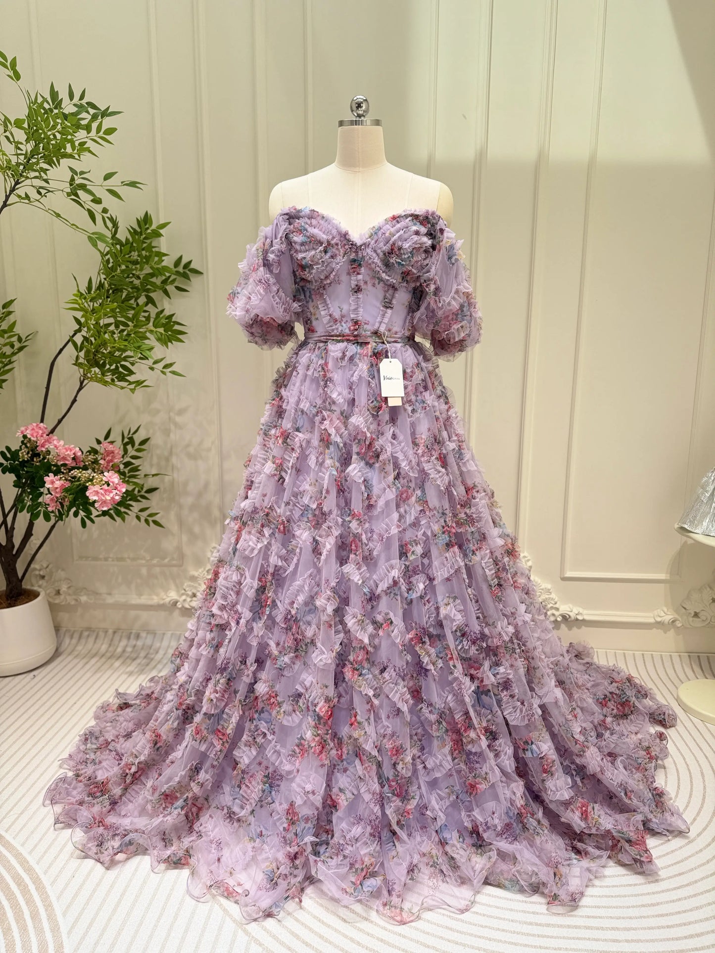 Floral Tulle Ruffled Prom Dresses 2025 Off the Shoulder Puffed Sleeve Formal Gown - FD5300-prom dresses 2025 -Viniodress-Ivory-Custom Size-