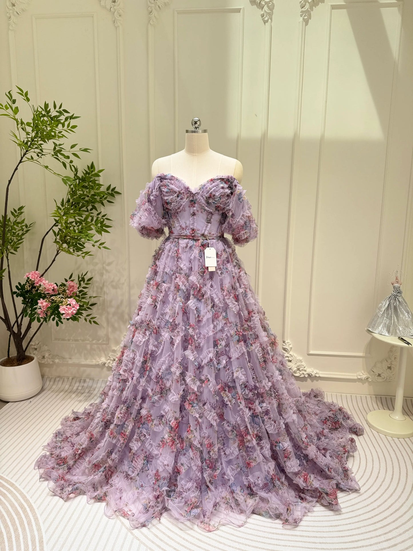 Floral Tulle Ruffled Prom Dresses 2025 Off the Shoulder Puffed Sleeve Formal Gown - FD5300-prom dresses 2025 -Viniodress-Ivory-Custom Size-