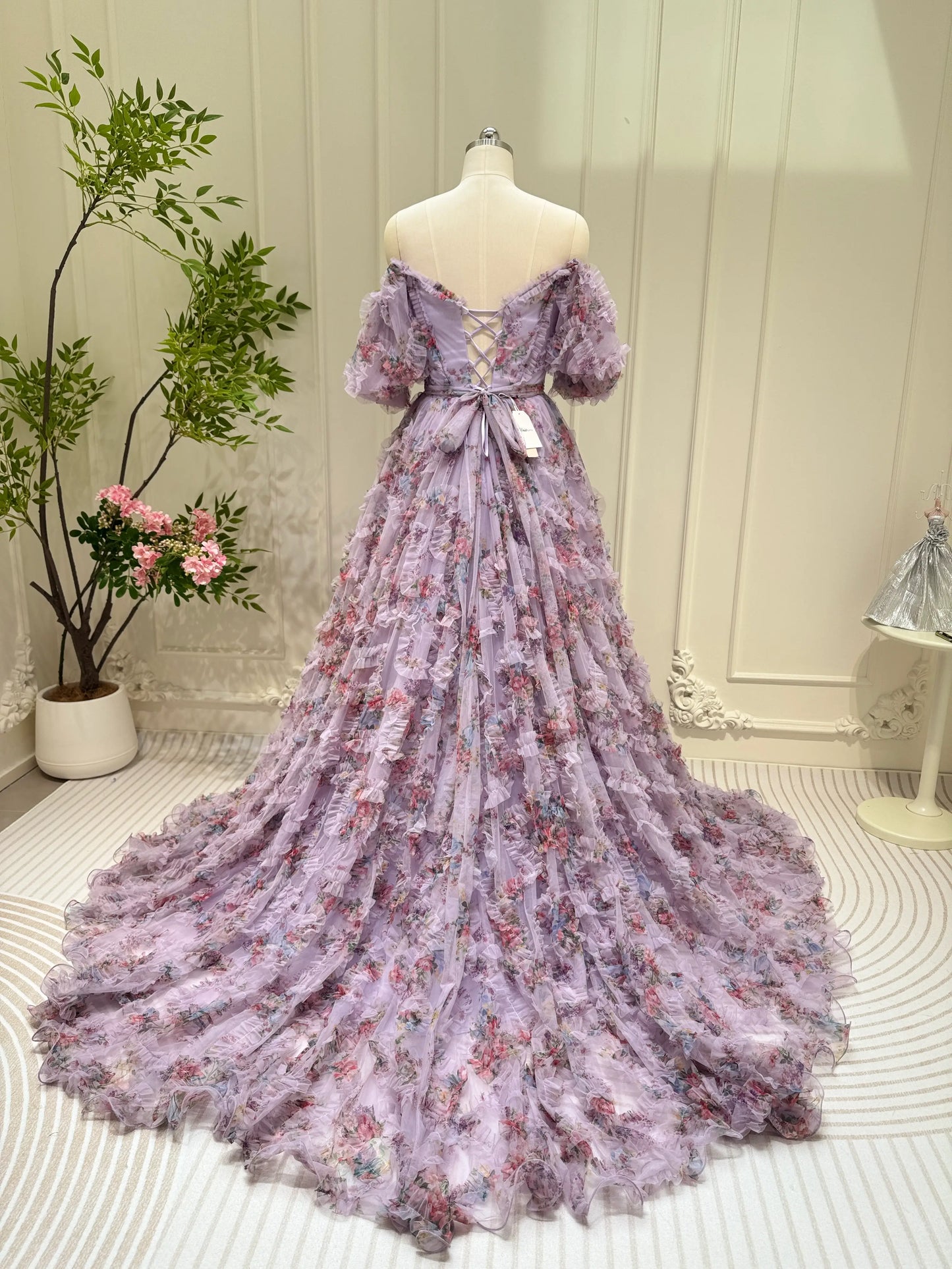 Floral Tulle Ruffled Prom Dresses 2025 Off the Shoulder Puffed Sleeve Formal Gown - FD5300-prom dresses 2025 -Viniodress-Ivory-Custom Size-