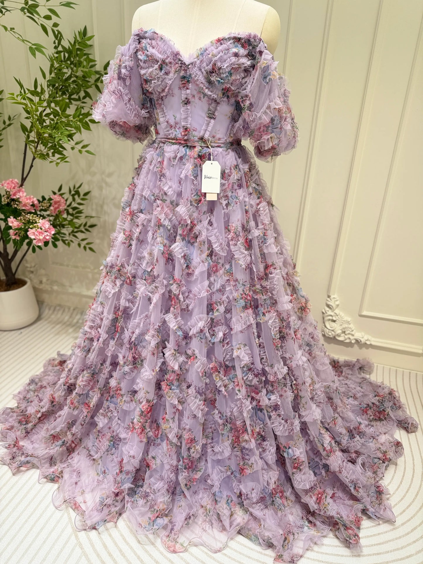 Floral Tulle Ruffled Prom Dresses 2025 Off the Shoulder Puffed Sleeve Formal Gown - FD5300-prom dresses 2025 -Viniodress-Lavender-Custom Size-
