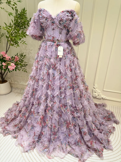 Floral Tulle Ruffled Prom Dresses 2025 Off the Shoulder Puffed Sleeve Formal Gown - FD5300-prom dresses 2025 -Viniodress-Lavender-Custom Size-