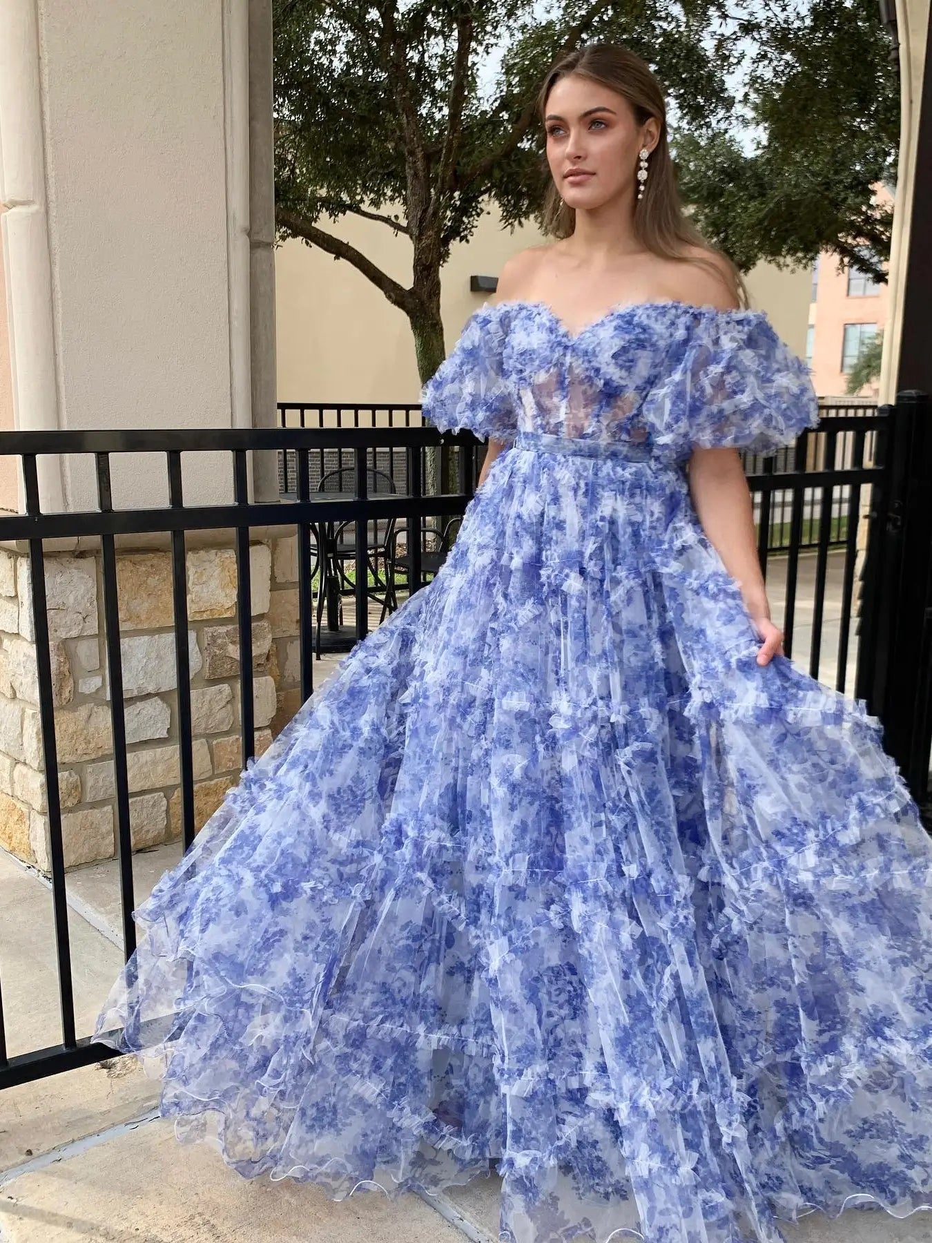 Floral Tulle Ruffled Prom Dresses 2025 Off the Shoulder Puffed Sleeve Formal Gown - FD5300-prom dresses 2025 -Viniodress-Blue-Custom Size-