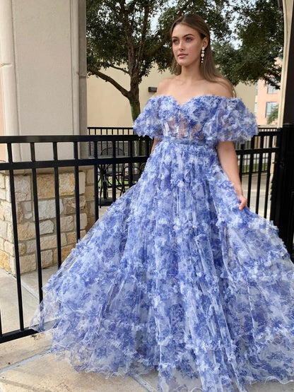 Floral Tulle Ruffled Prom Dresses 2025 Off the Shoulder Puffed Sleeve Formal Gown - FD5300-prom dresses 2025 -Viniodress-Blue-Custom Size-