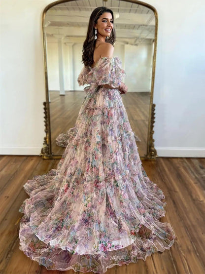 Floral Tulle Ruffled Prom Dresses 2025 Off the Shoulder Puffed Sleeve Formal Gown - FD5300-prom dresses 2025 -Viniodress-Ivory-Custom Size-