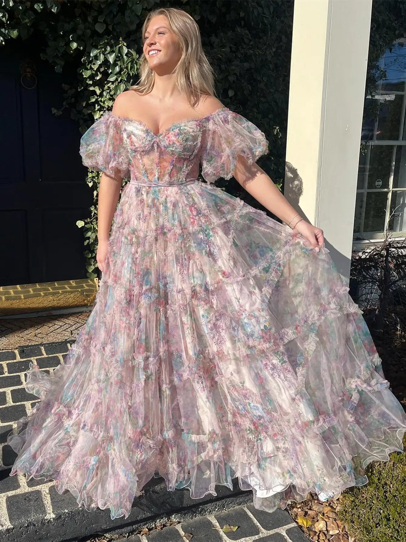 Floral Tulle Ruffled Prom Dresses 2025 Off the Shoulder Puffed Sleeve Formal Gown - FD5300-prom dresses 2025 -Viniodress-Ivory-Custom Size-