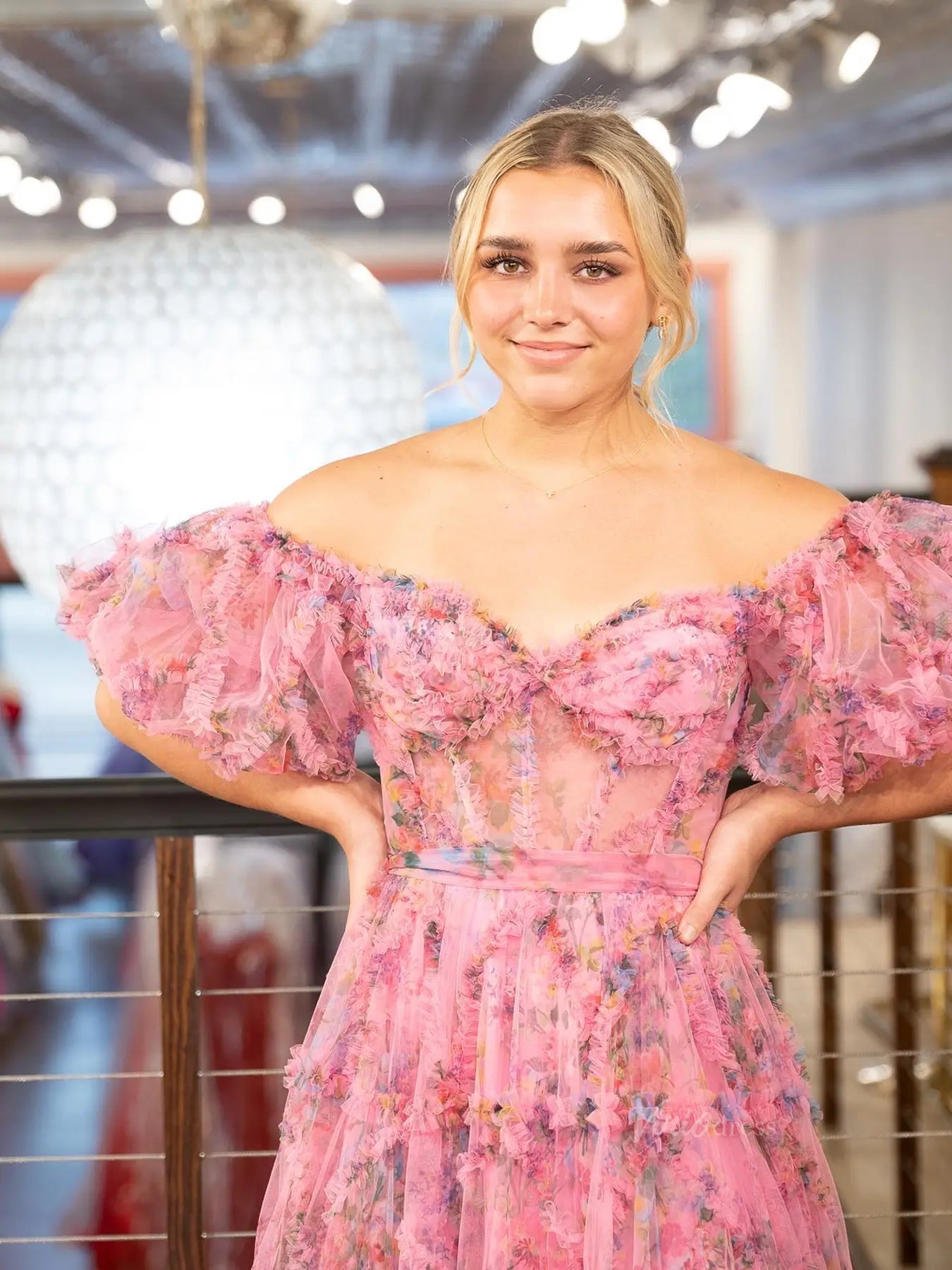 Floral Tulle Ruffled Prom Dresses 2025 Off the Shoulder Puffed Sleeve Formal Gown - FD5300-prom dresses 2025 -Viniodress-Ivory-Custom Size-