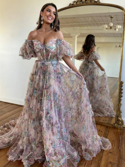 Floral Tulle Ruffled Prom Dresses 2025 Off the Shoulder Puffed Sleeve Formal Gown - FD5300-prom dresses 2025 -Viniodress-Ivory-Custom Size-