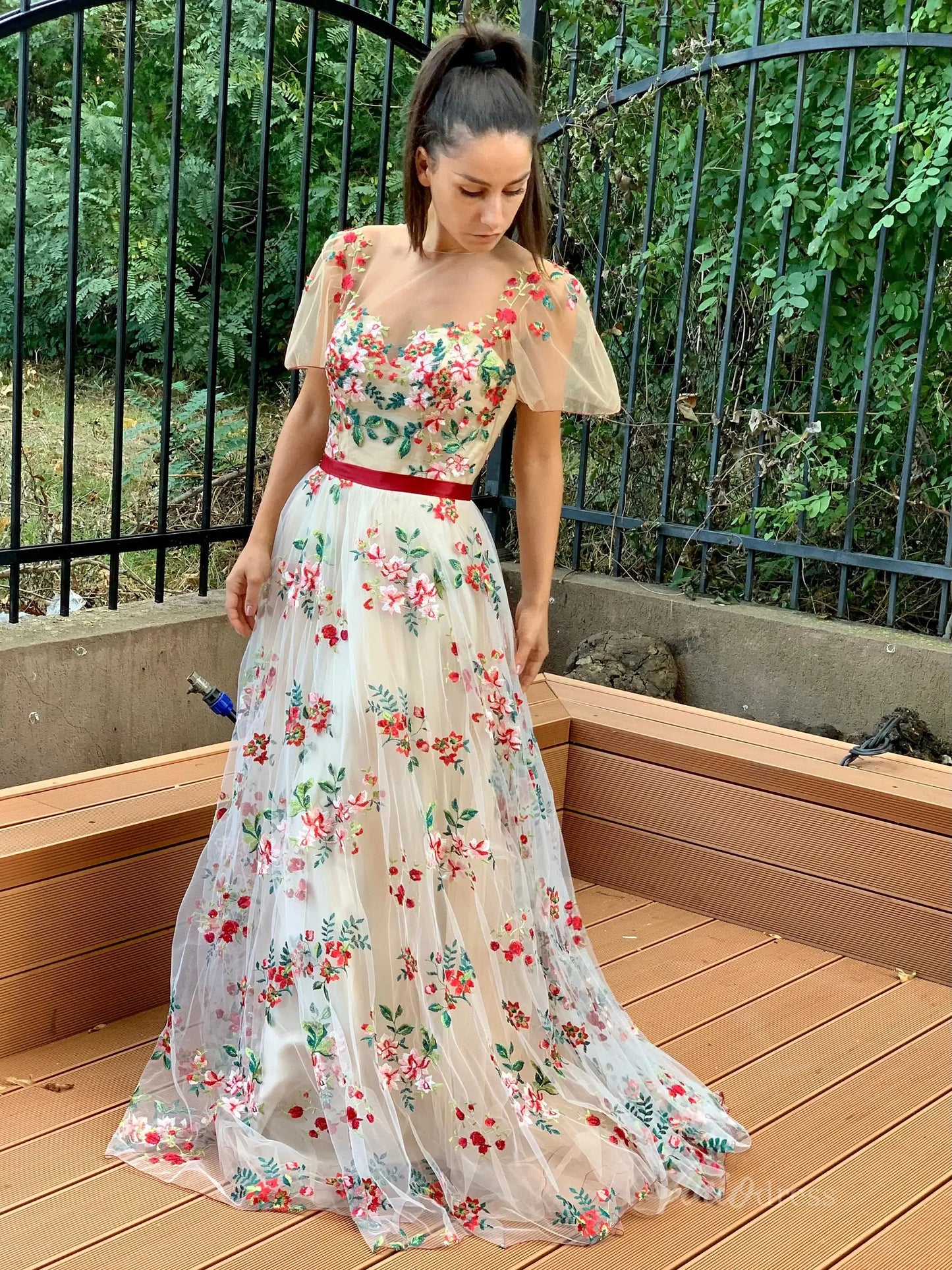 Floral Whimsical A-Line Wedding Dress | Meadow Flower Embroidery Gown with Short Sleeves Lace-Up Back FW1467-wedding dresses 2025 -Viniodress-Champagne-Custom Size-