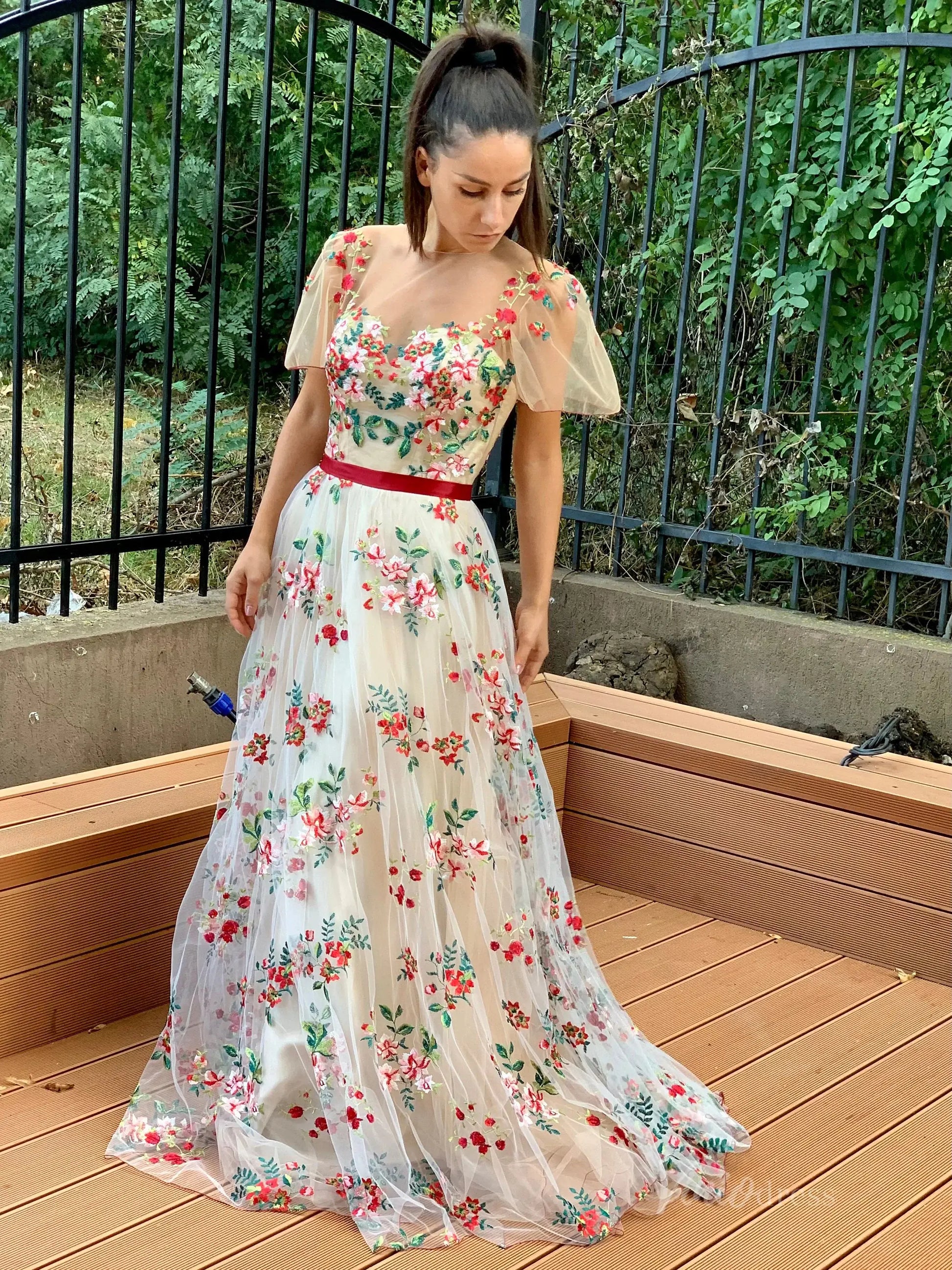 Floral Whimsical A-Line Wedding Dress | Meadow Flower Embroidery Gown with Short Sleeves Lace-Up Back FW1467-wedding dresses 2025 -Viniodress-Champagne-Custom Size-