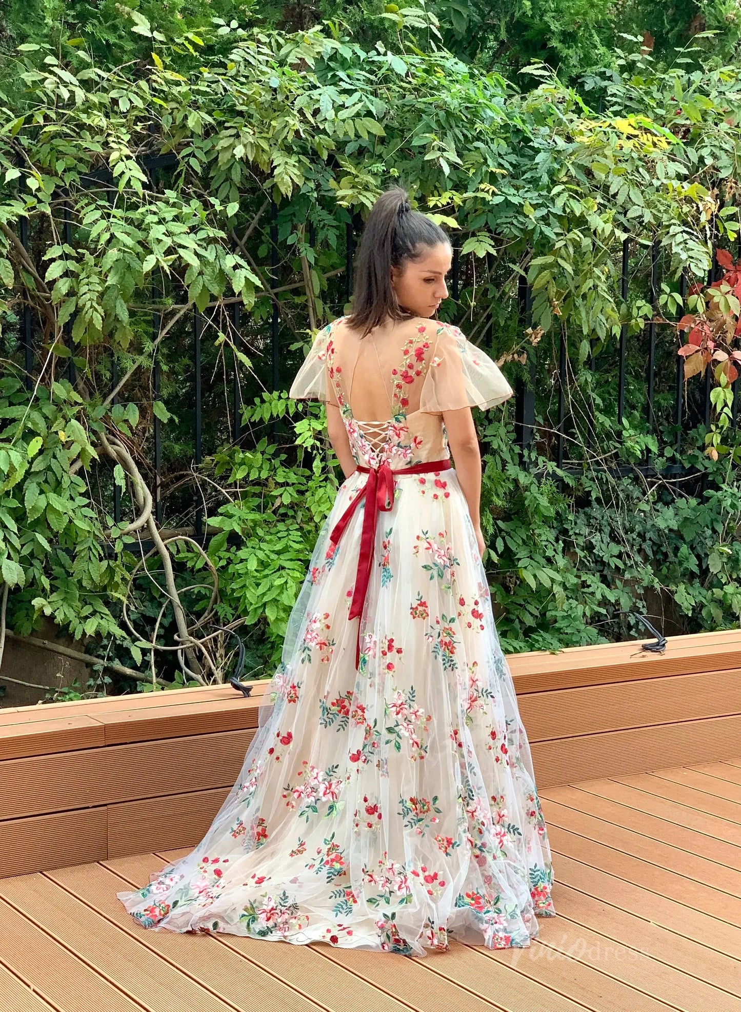 Floral Whimsical A-Line Wedding Dress | Meadow Flower Embroidery Gown with Short Sleeves Lace-Up Back FW1467-wedding dresses 2025 -Viniodress-Champagne-Custom Size-