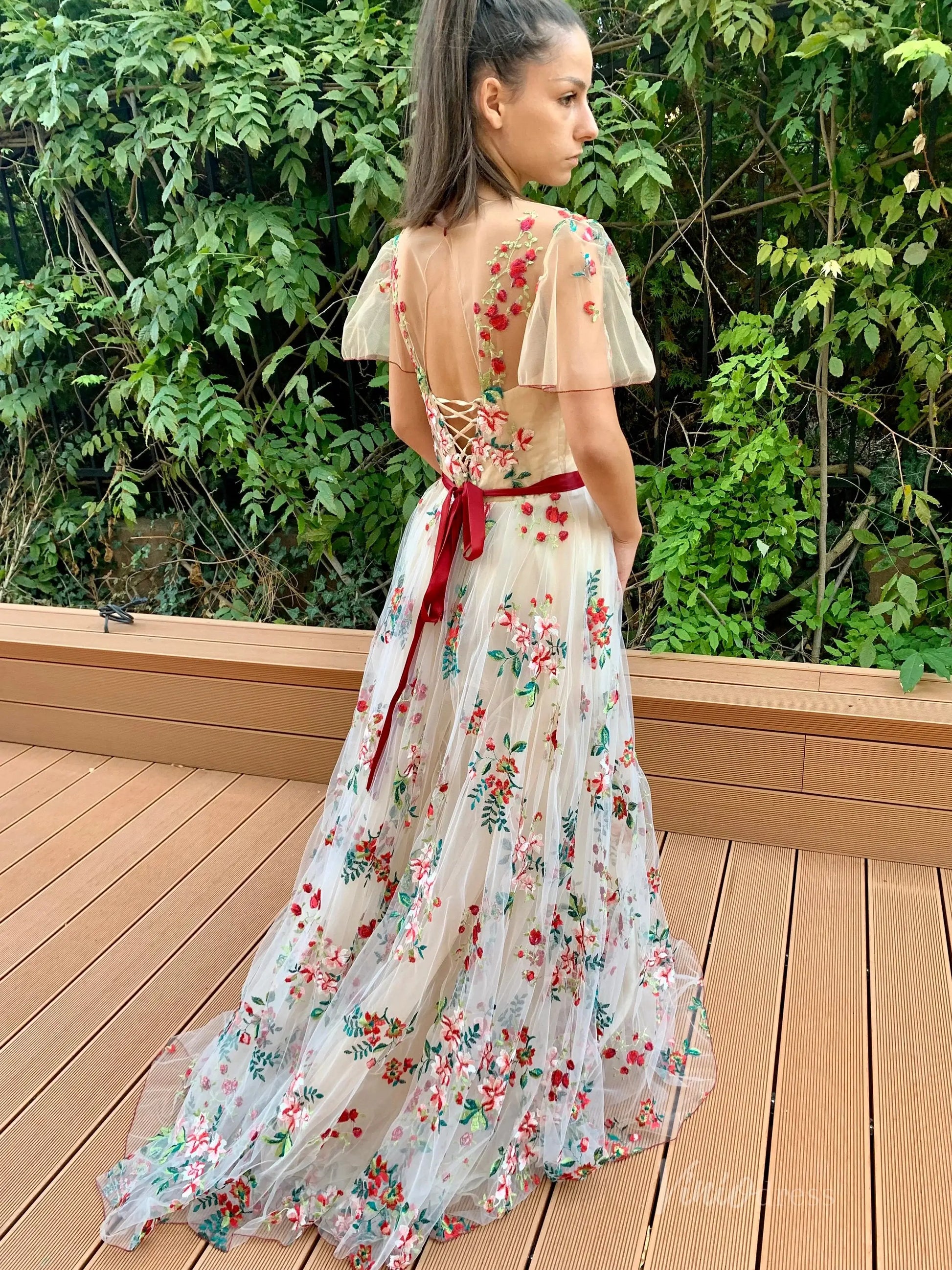 Floral Whimsical A-Line Wedding Dress | Meadow Flower Embroidery Gown with Short Sleeves Lace-Up Back FW1467-wedding dresses 2025 -Viniodress-Champagne-Custom Size-