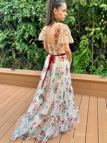 Floral Whimsical A-Line Wedding Dress | Meadow Flower Embroidery Gown with Short Sleeves Lace-Up Back FW1467-wedding dresses 2025 -Viniodress-Champagne-Custom Size-